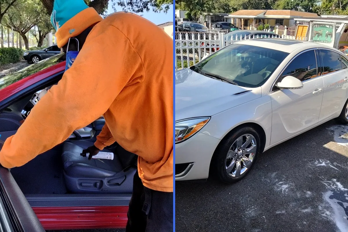 Diptych blending Mr. Nate detailing a red coupe in Miami with studio rotary paint correction